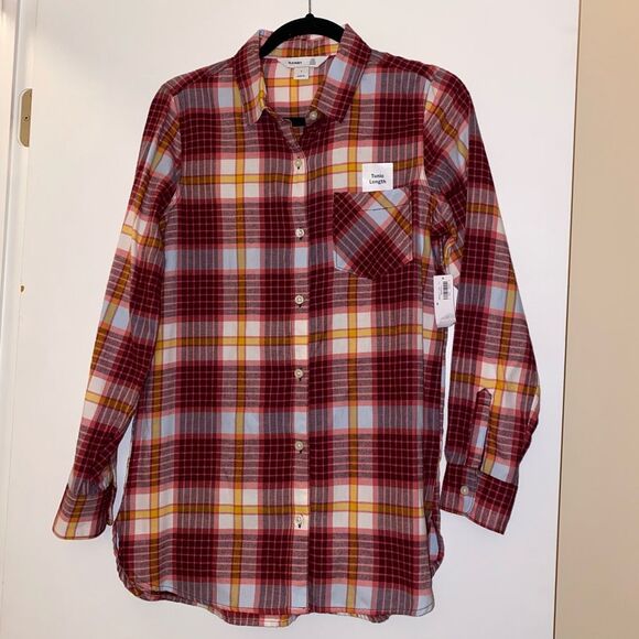 Old Navy Flannel Tunic Shirt Button Down Collared Plaid Womens Small NWT - Picture 1 of 4